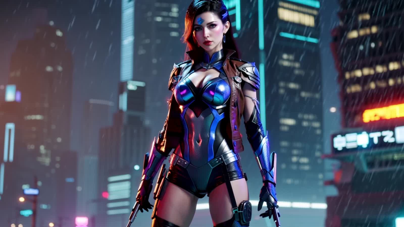 A stunning female cyberpunk gunslinger stands confidently in the foreground of a futuristic neon city. She wears sleek, ...