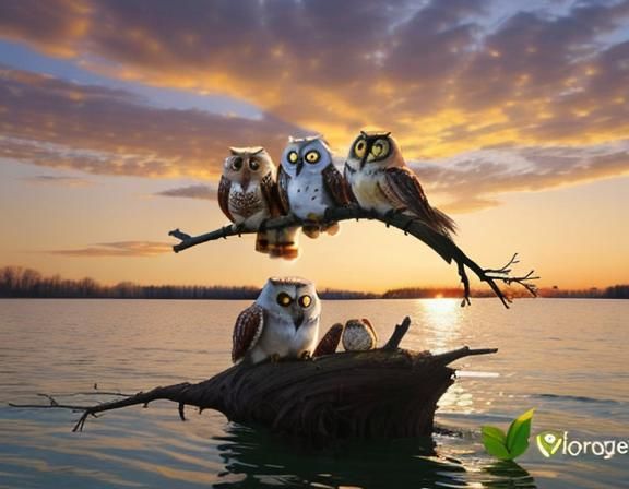 3 cute colorful fluffy owls sitting on a branch.