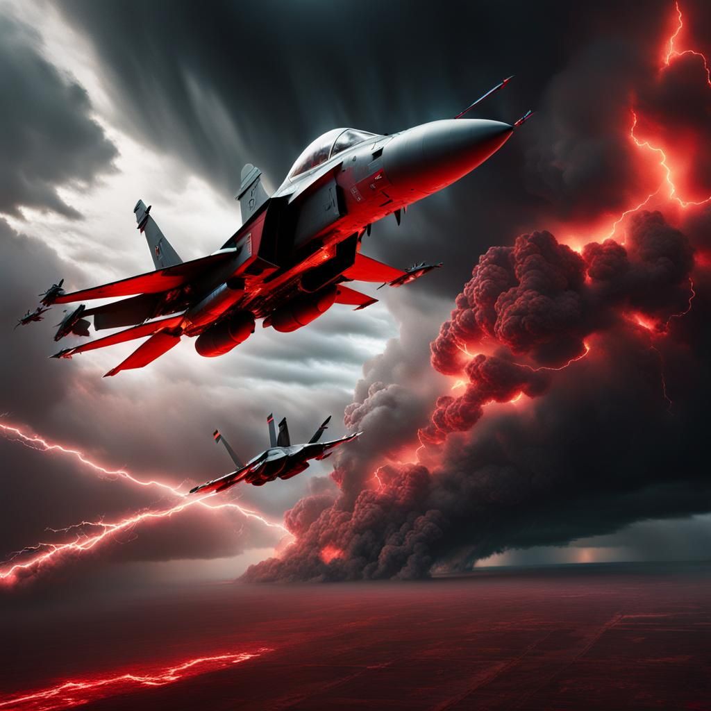 Fighter jets flying into a red lightning storm
