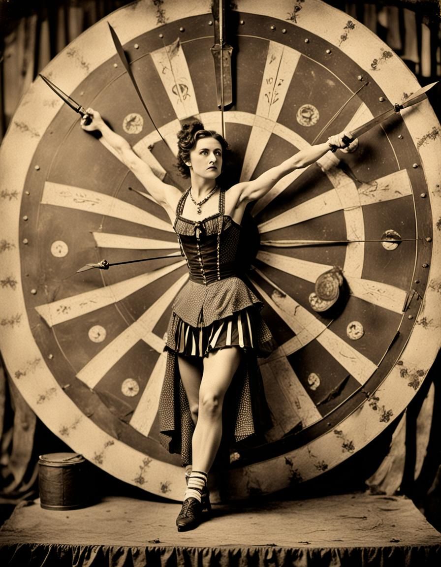 The knife thrower's pretty assistant, late 1800s.