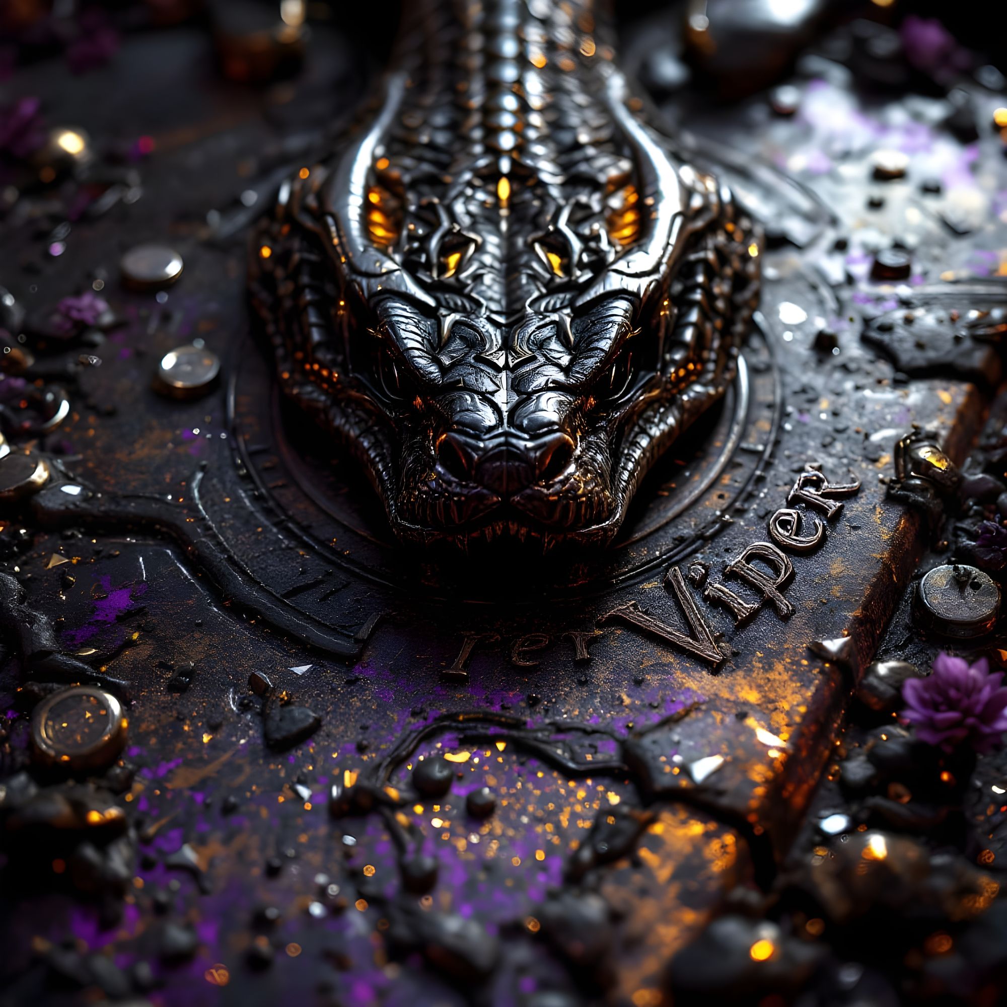 Metallic surface with Viper writing and snake head