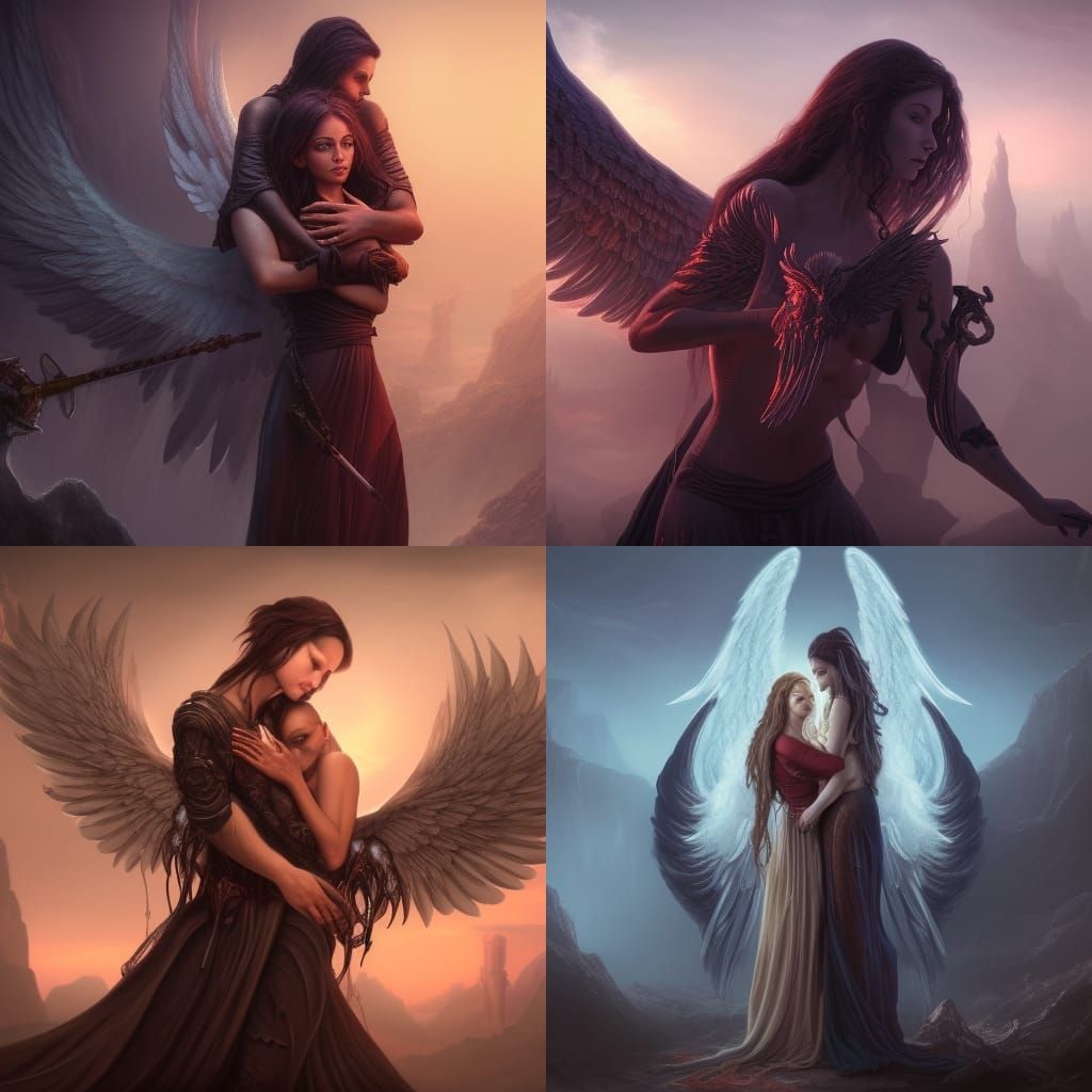 The angel of death holding a beautiful woman