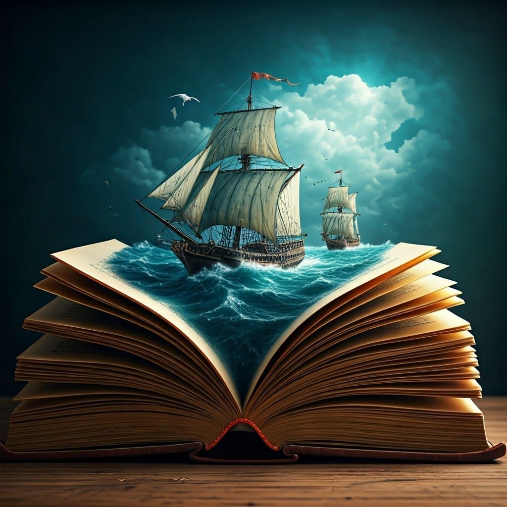 Create an intricate diorama of an open large book. Coming out of the pages of the book is a magical wild ocean with galleons and canoes. by...