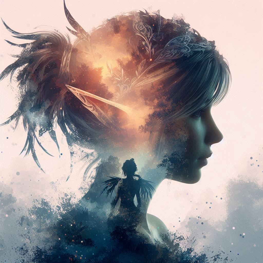 double exposure beautiful fantasy DALL-E 3 portrait landscape..