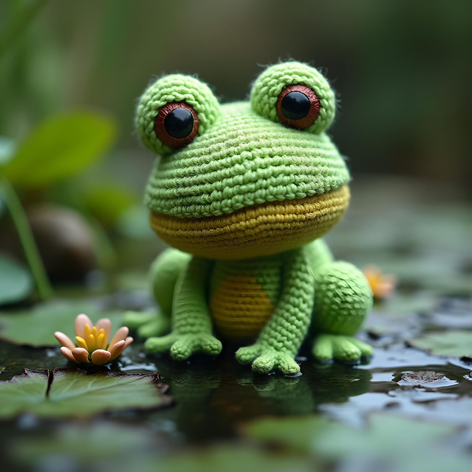 frog pond, crochet, yarn, <lora:YarnLife Flux Test:1.0>