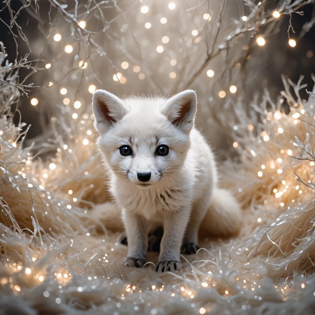 Closeup of a cute baby white fox kit facing the camera. The fox had white thick textured fur that is highly detailed and illuminated in the...