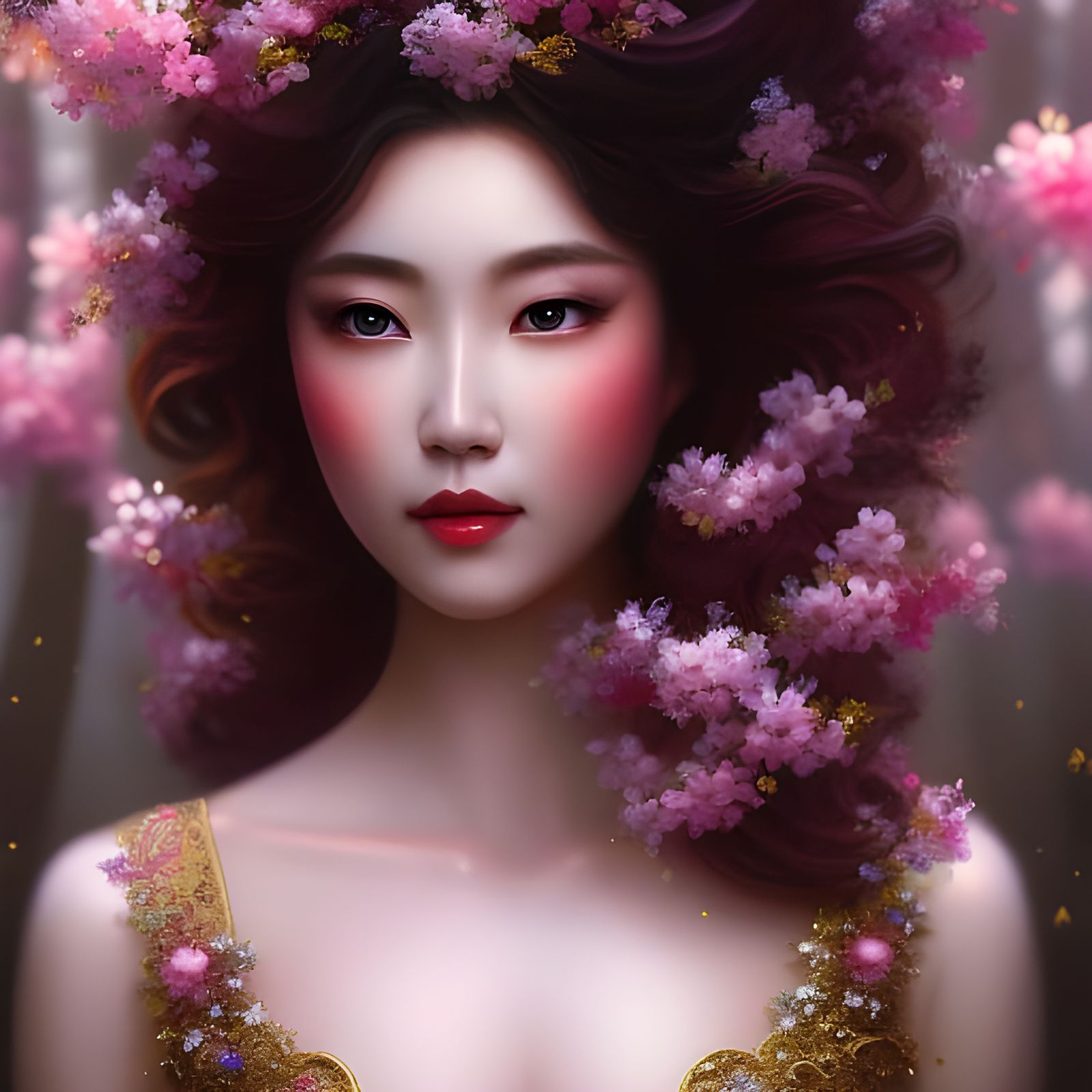 a woman covered in cherry blossoms, beautiful woman with cherry ...