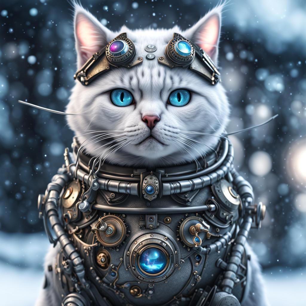 Winter Steampunk Kitten Frosted Cosmic Surrealism - Ai Generated 