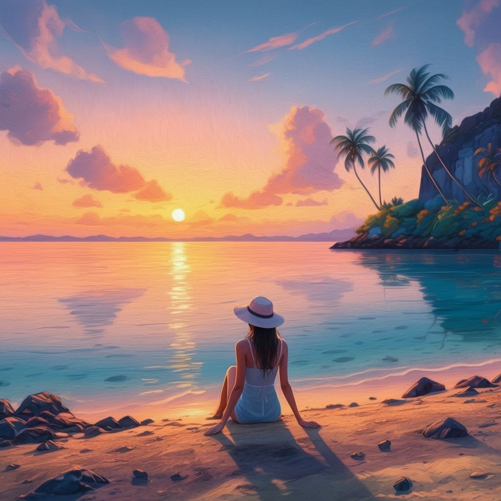 Tropical Sunset Beach Scene in Dreamy Style
