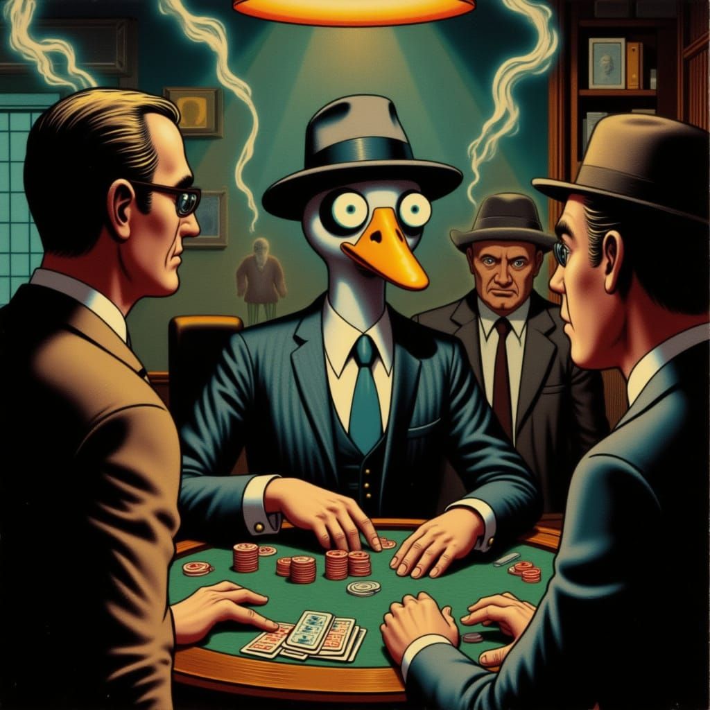 <lora:Distorted Memories:1.0>
In a dimly lit speakeasy, a distinguished anthropomorphic goose, dressed in a sharp pinstripe suit and fedora,...