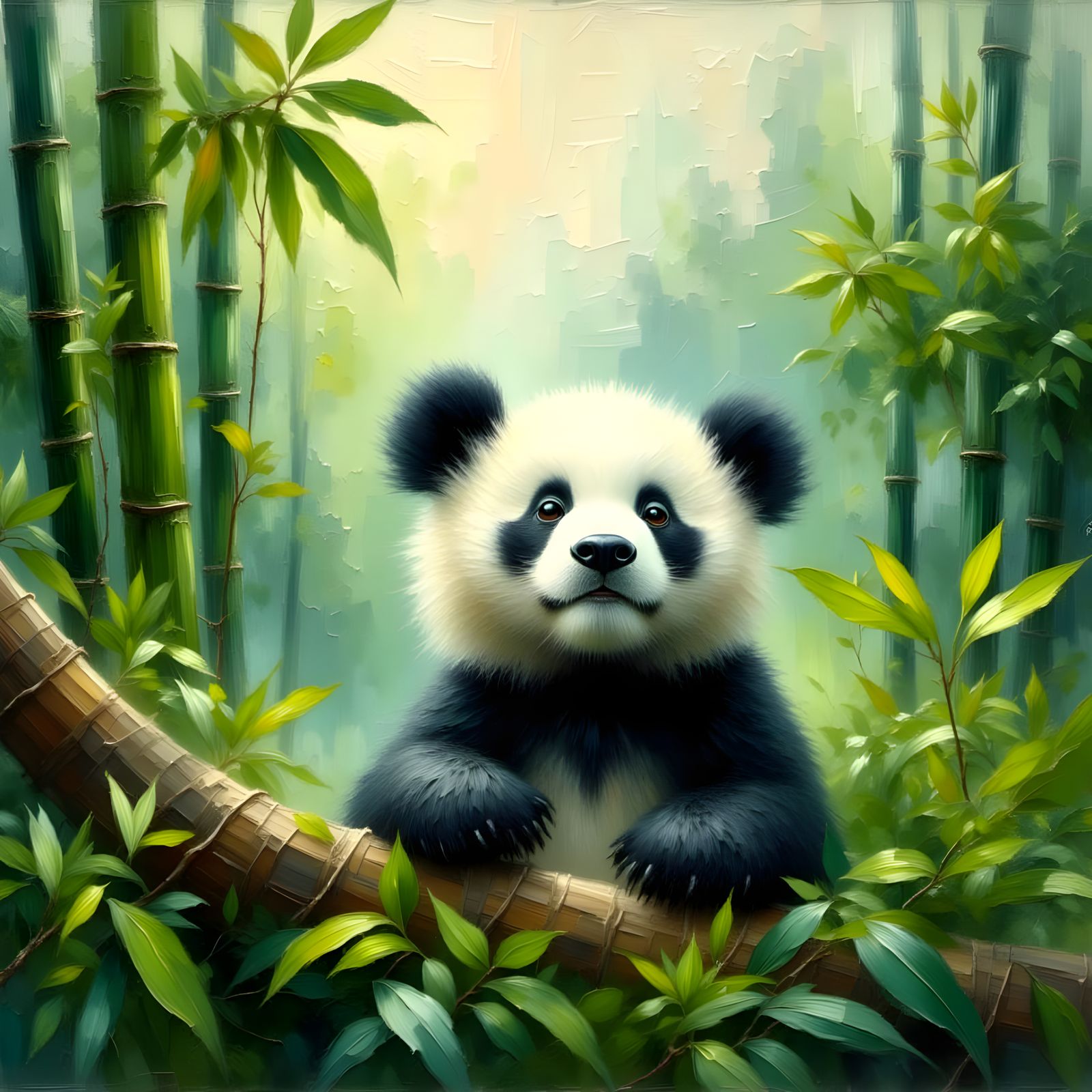Adorable Baby Panda in Misty Forest Impasto Painting