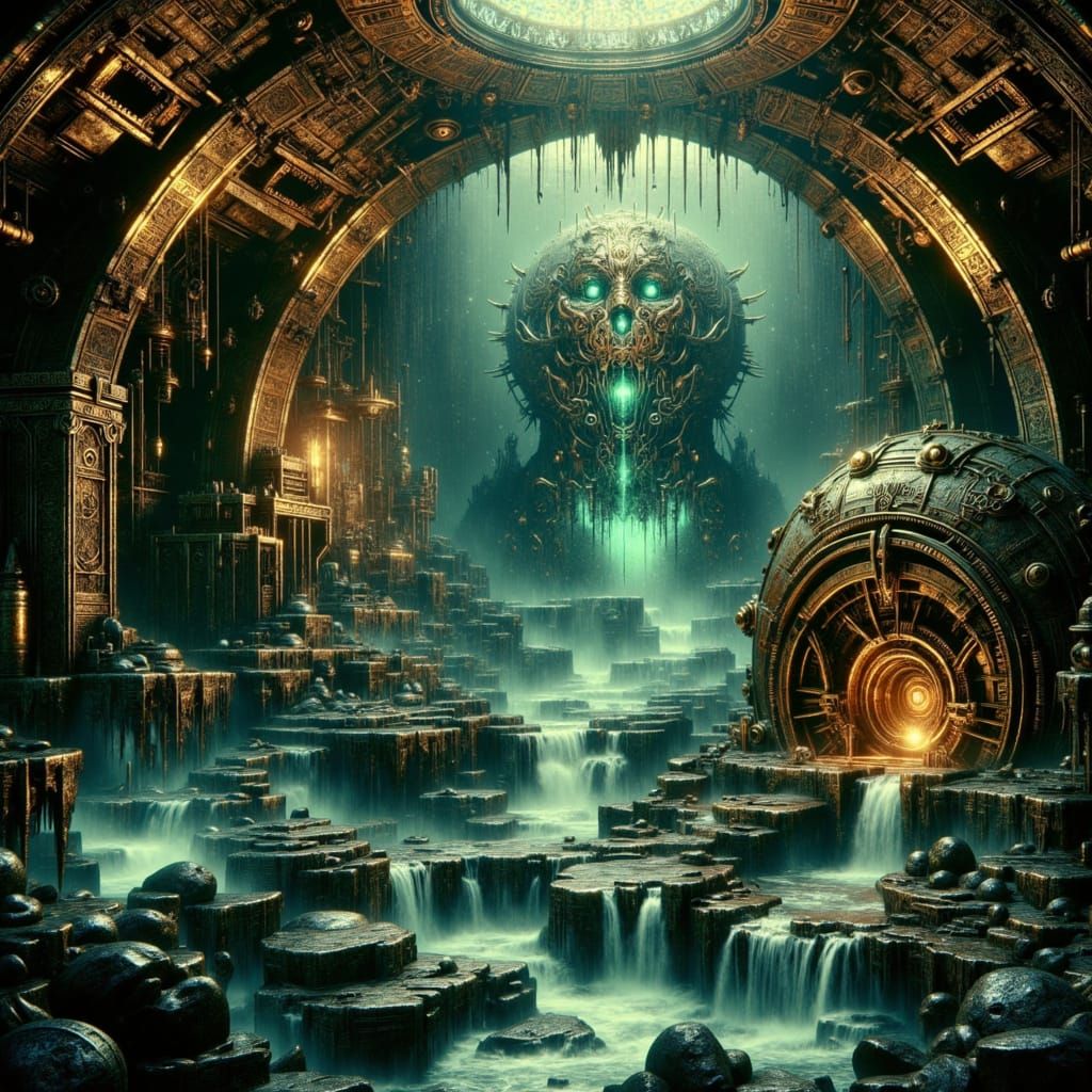 the blackreach cave, luminous bonds, glyph like protozoa-mushrooms,<lora:Dwemerpunk:1.0> ,  TES lore) aesthetic, Line-Work Precision, Lighti...