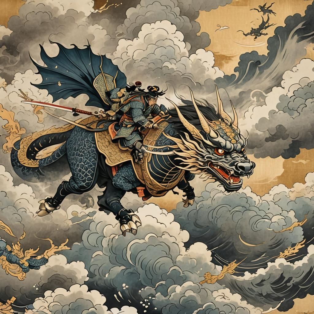 Traditional Japanese drawing Samurai riding flying eastern dragon in clouds