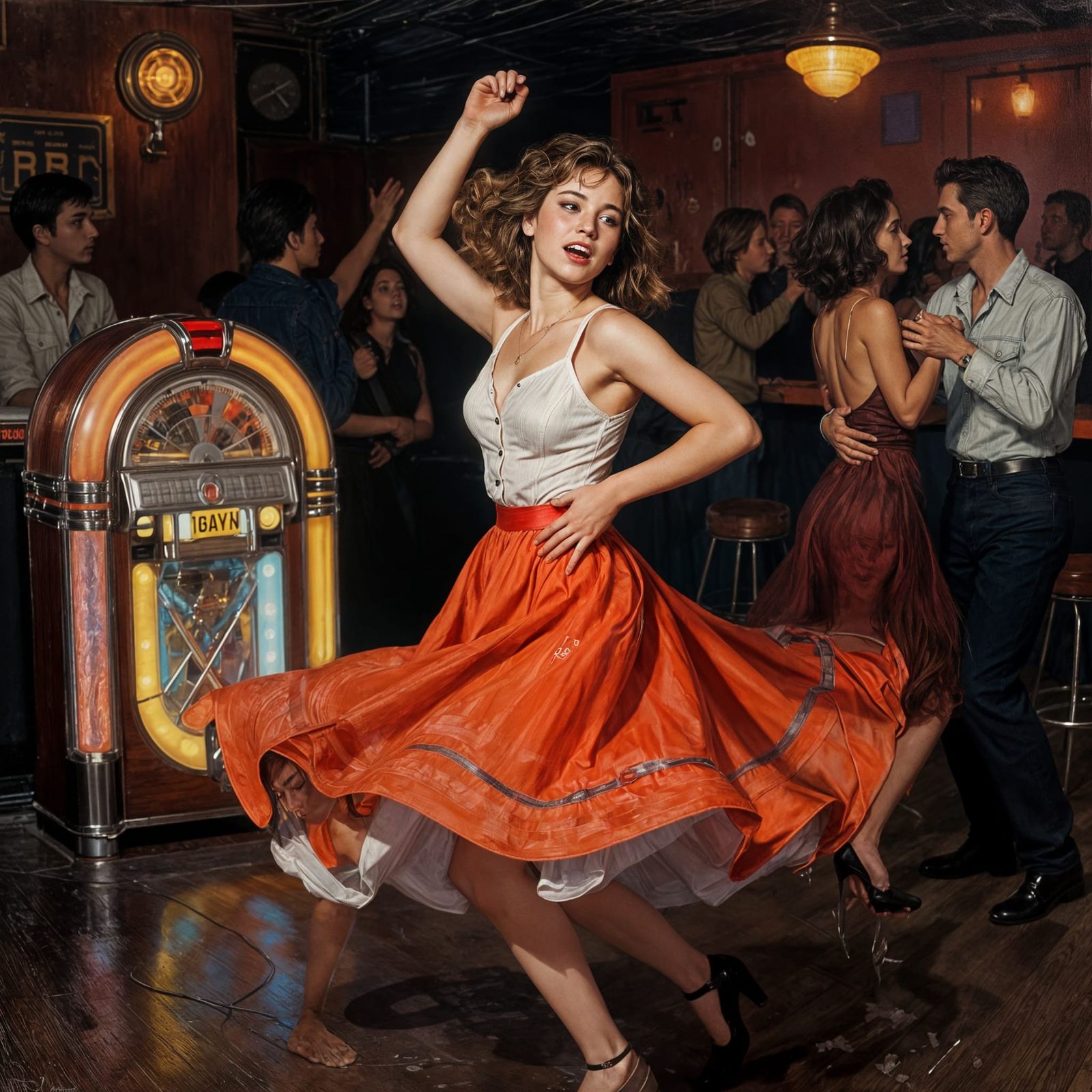 "Dancing Queen" 

The jukebox skipped to something faster, drums kicking against her ribs. Lorraine spun ...  by @Bill Wallace