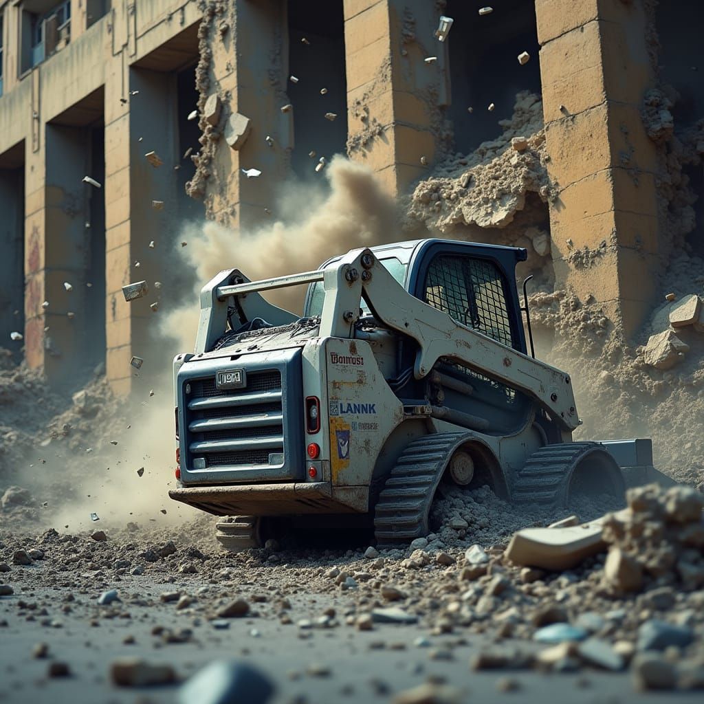 a lone skidsteer going through debris flying and dust everywhere with a collapseing building in the background