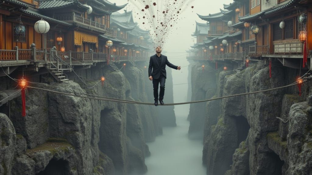 Surreal Tightrope Walker's Mind Exploding in Horror