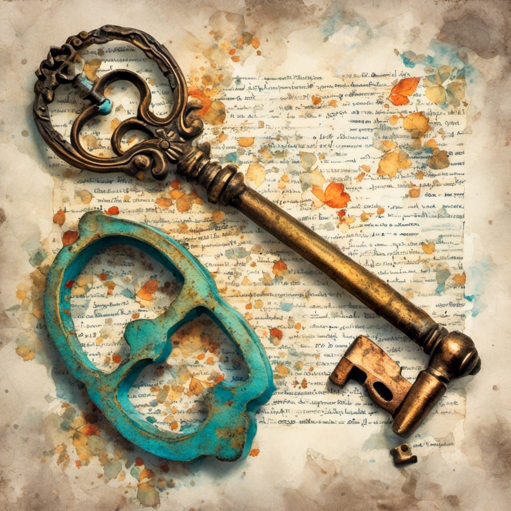 <lora:MJ6 Watercolor DE:1.0> double exposure of Antique key and old letter on a white background, stock vector illustration, modern surreal...