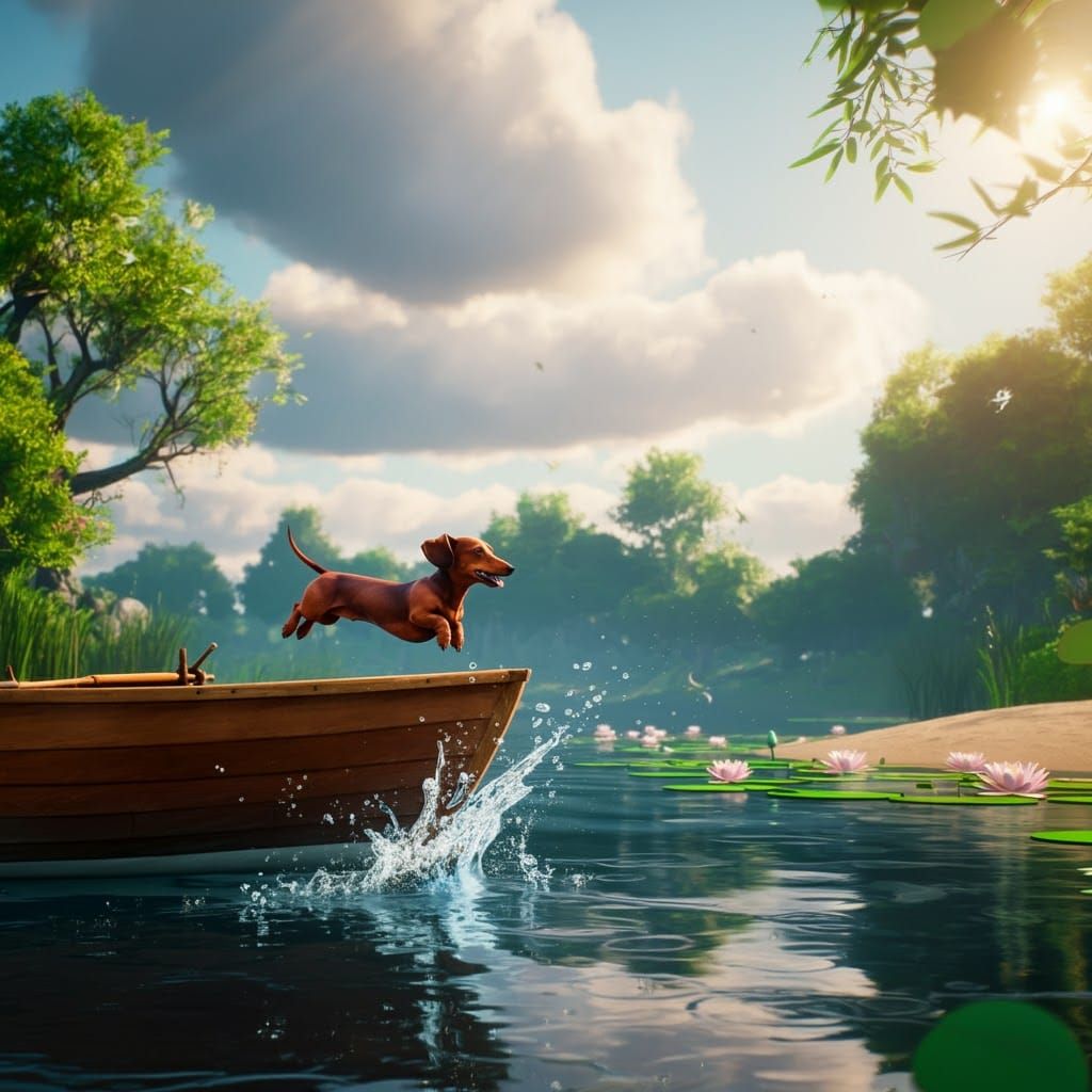 Рыжая такса, кобель , весело прыгает с лодки в воду озера. Мы видим таксу в полете. Собака счастлива. Яркий солнечный день, прозрачная вода...