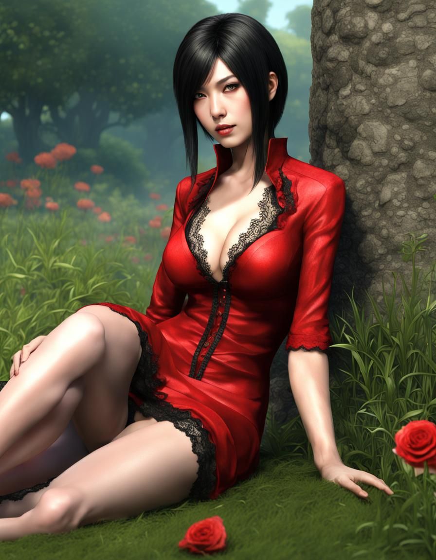 high quality, 8K Ultra HD, ada wong with long black hair wearing a red high  slit dress and lace pantyhose was sitting on the garden grass in... - AI  Generated Artwork -