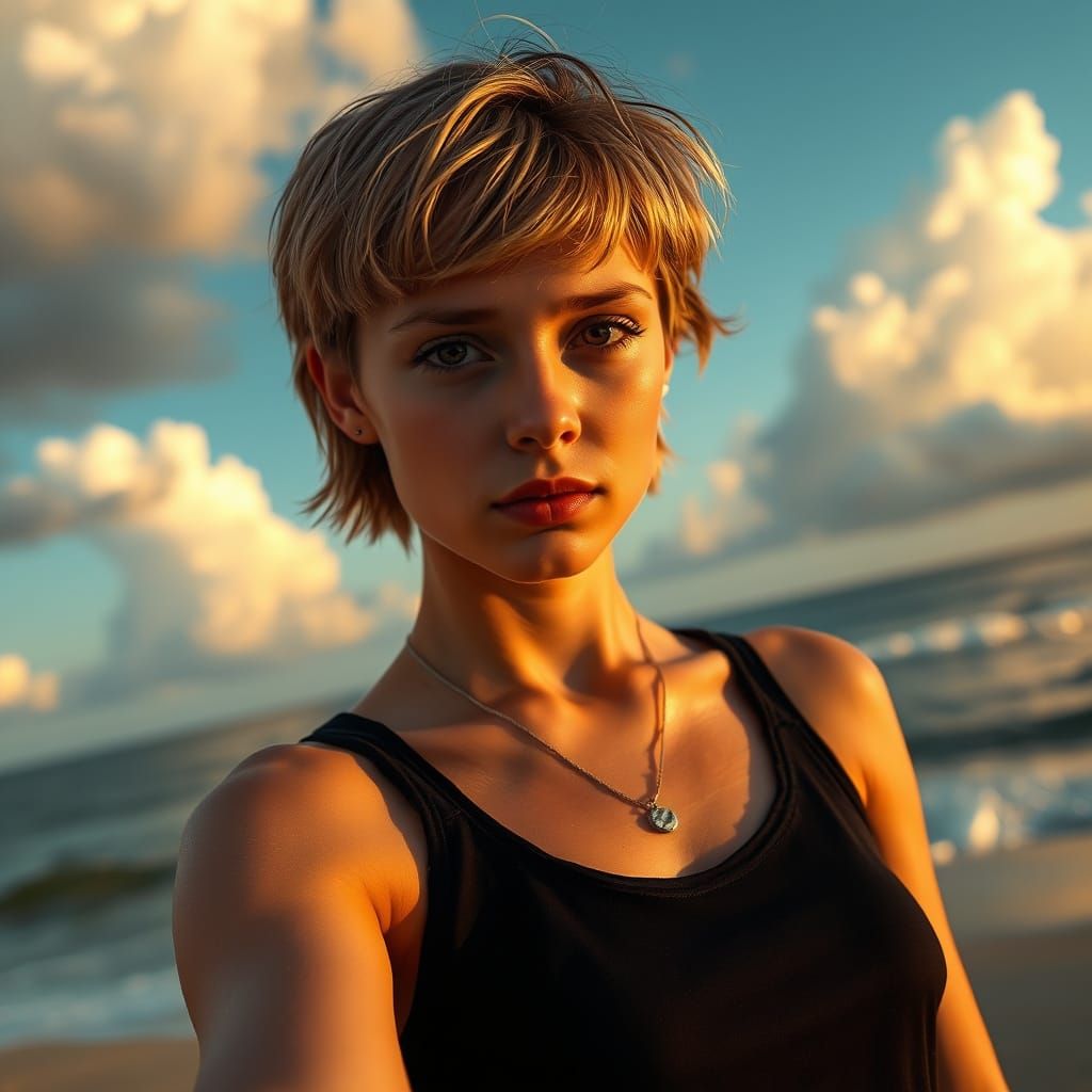 Golden Hour Documentary Portrait of a Young Woman at the Bea...
