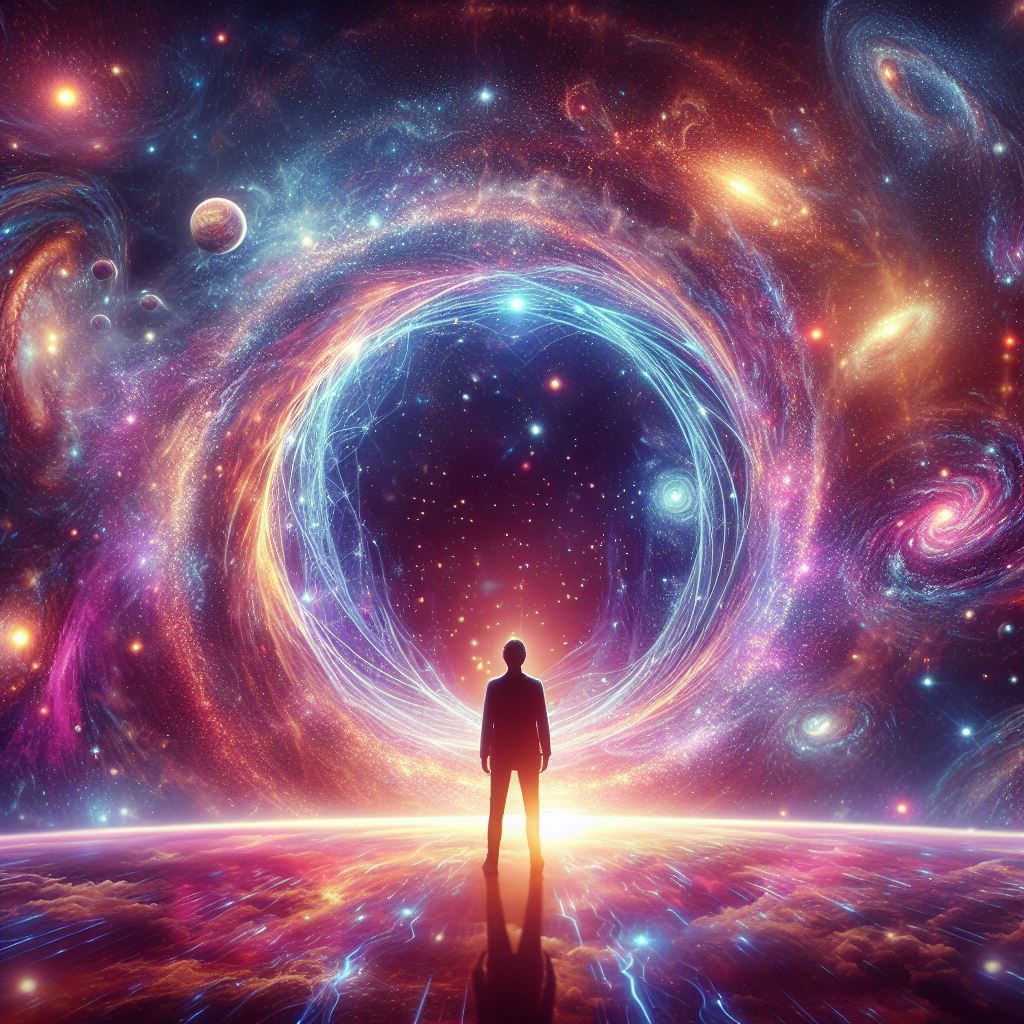 An universe background. A person stand in front of a portal sparkling ...