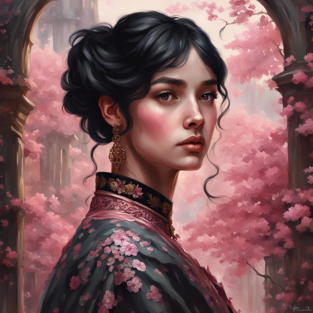 painting close up portrait of a girl with black hair, pink, ...