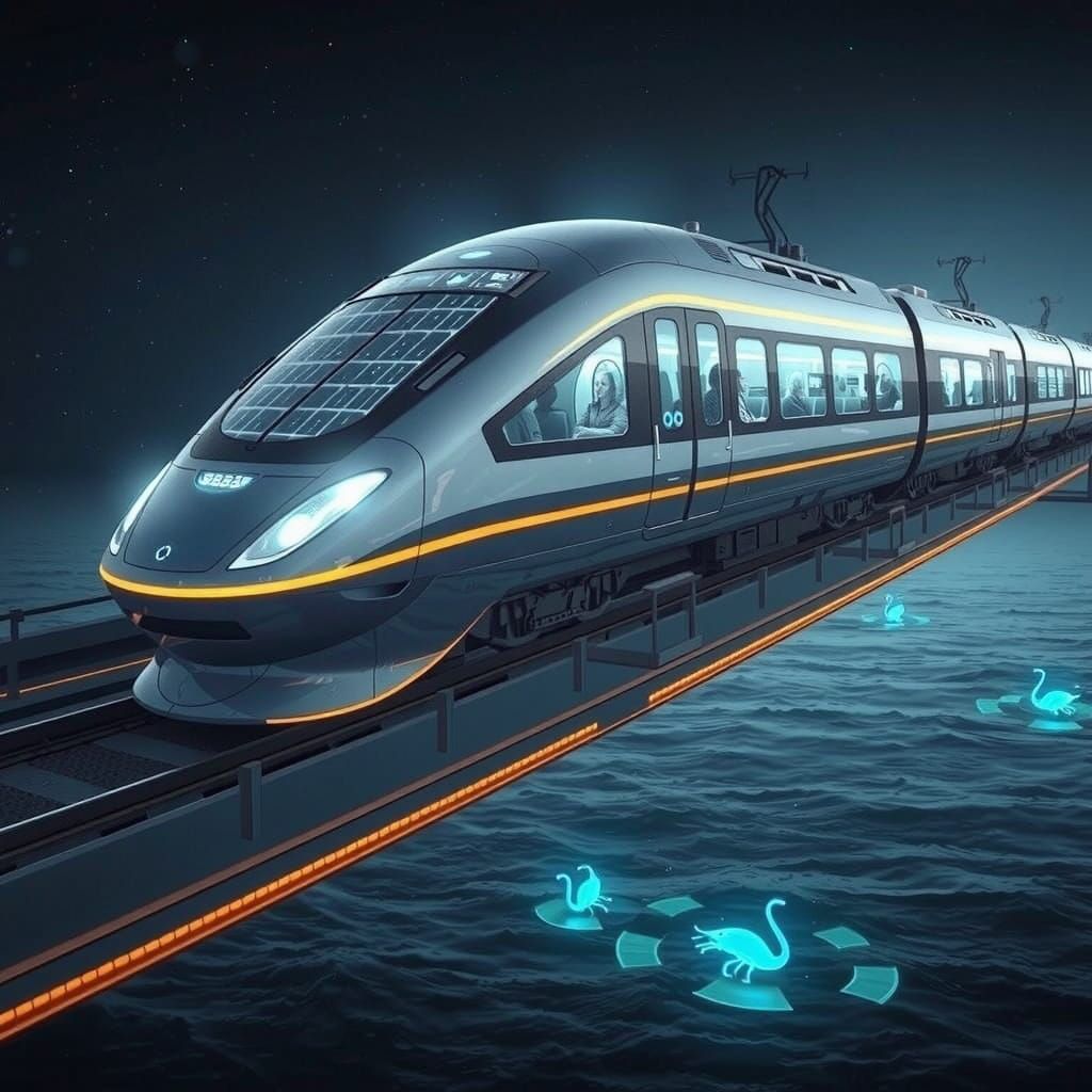 Futuristic Magnetic Train Suspended in High-Tech Cityscape