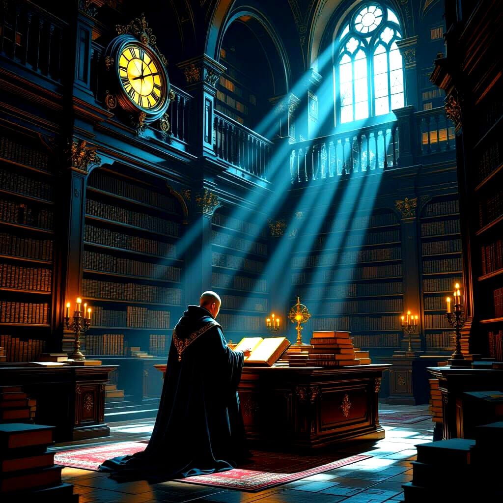 Digital painting. A cloistered monk meticulously organizing ancient, glowing tomes in a vast, dimly lit library. Gears and clockwork mechani...