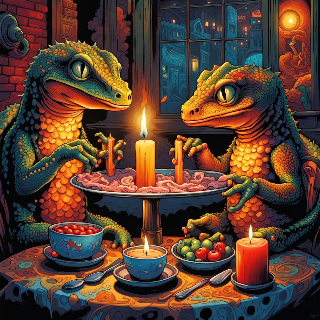 A candle lit dinner between two anthropomorphic geckos, happy, kawaii ...