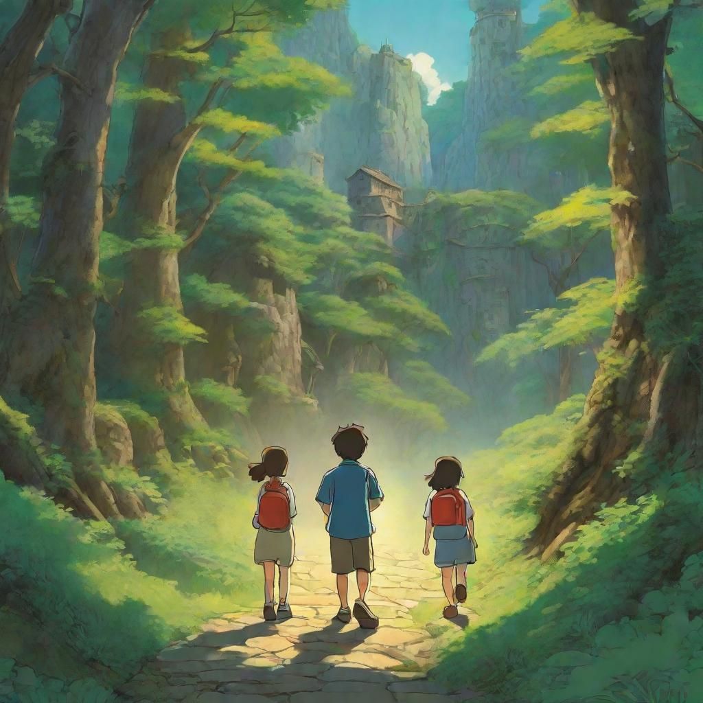 Art by Hayao Miyazaki, Studio Ghibli style, siblings embarking on a ...