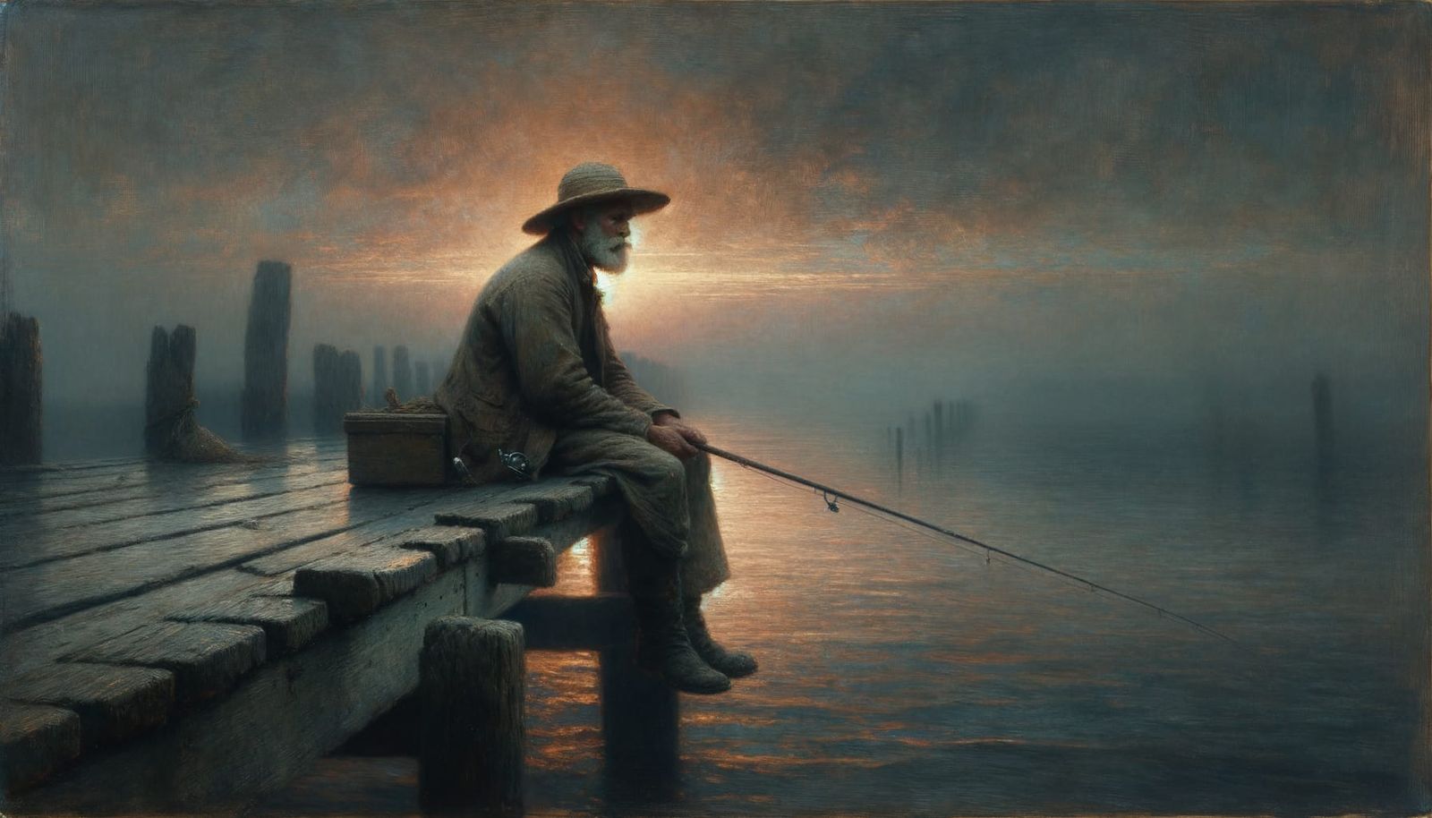 A fisherman sits contemplatively on a weather-worn wooden pier, holding a fishing rod, lost in thought ...  by @morr5750