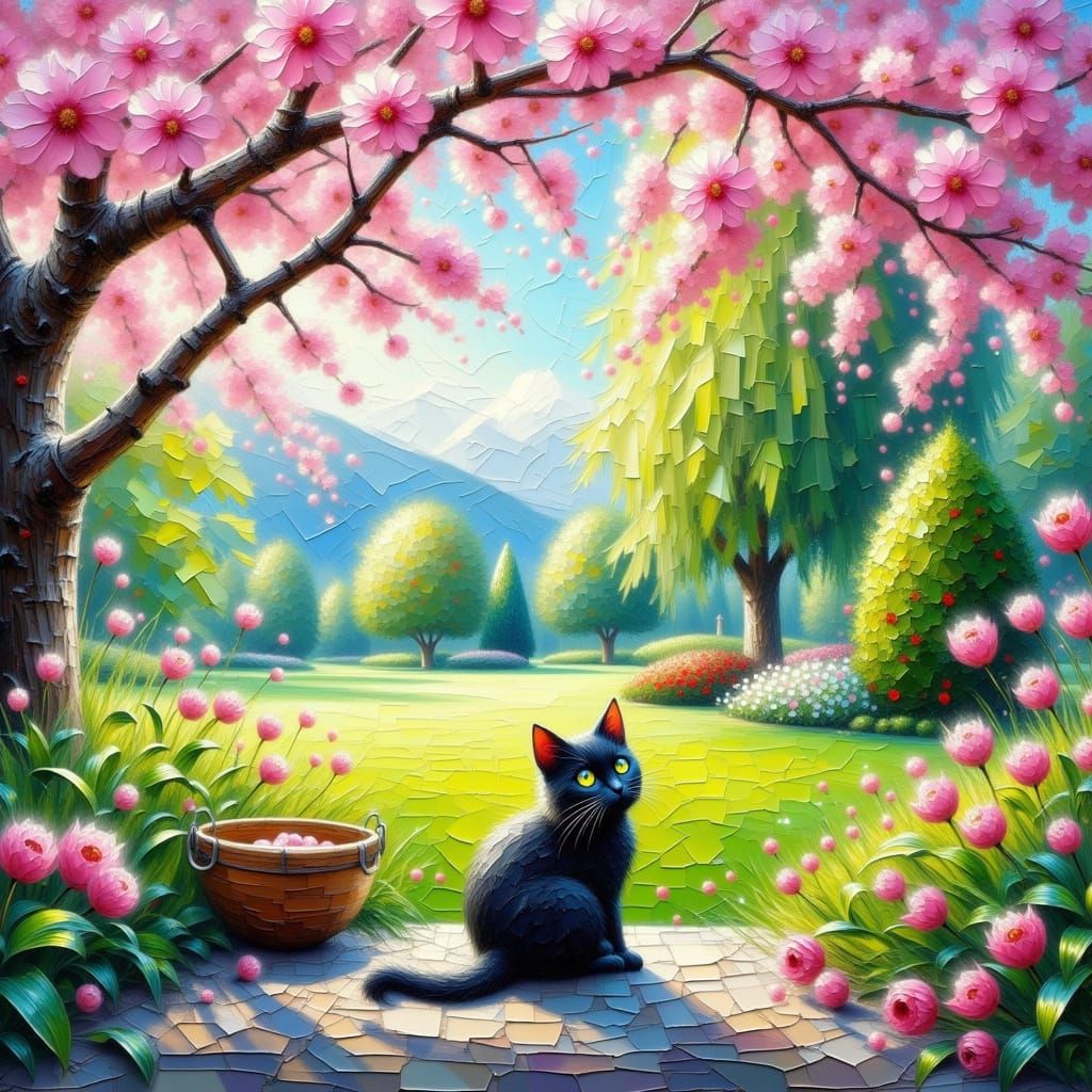 Surreal Cherry Blossom Cat in Whimsical Impasto Painting