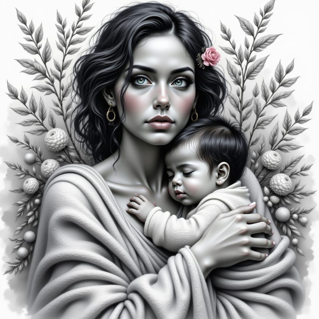 An exquisitely detailed black and white pencil sketch showcasing a heart-touching scene: an elderly Caucasian woman, adorned with striking b...