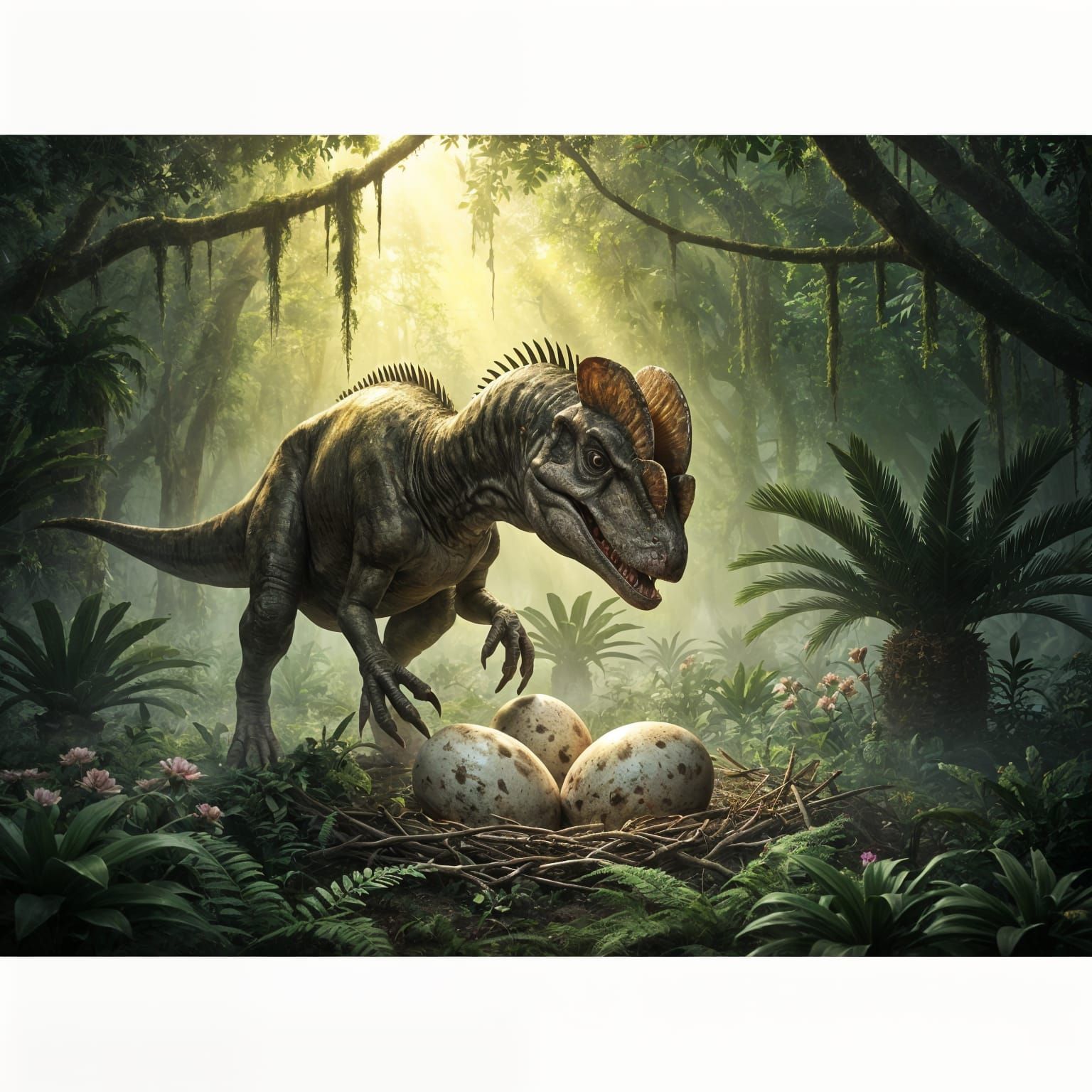 A mother Dilophosaurus carefully tending to a nest of large, speckled eggs in a lush prehistoric jungle. ...  by @Darcryss
