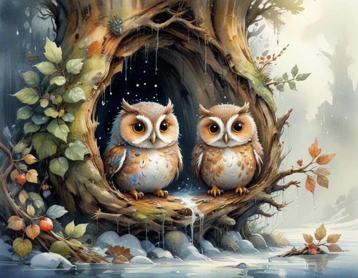 Cartoon style drawing of two adorable owls emerging from their winter lair, using wet watercolor paint, ...  by @Hugo Raul