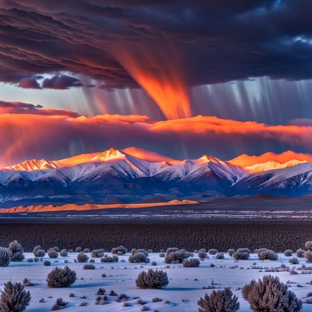 Sunrise, over the cold frozen peaks of the mountain's, North...