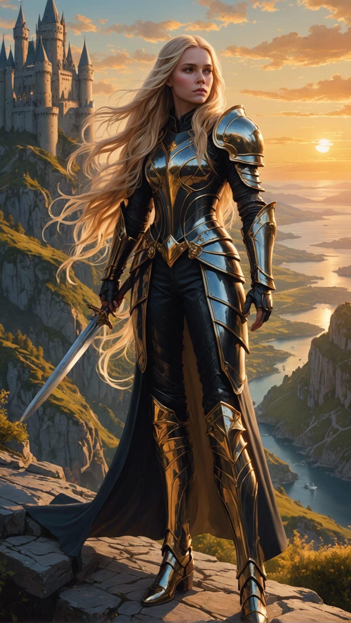 In a remote kingdom, a princess with long blonde hair wears gleaming black armor. She lives in a massive castle on a cliff. Every sunset, th...