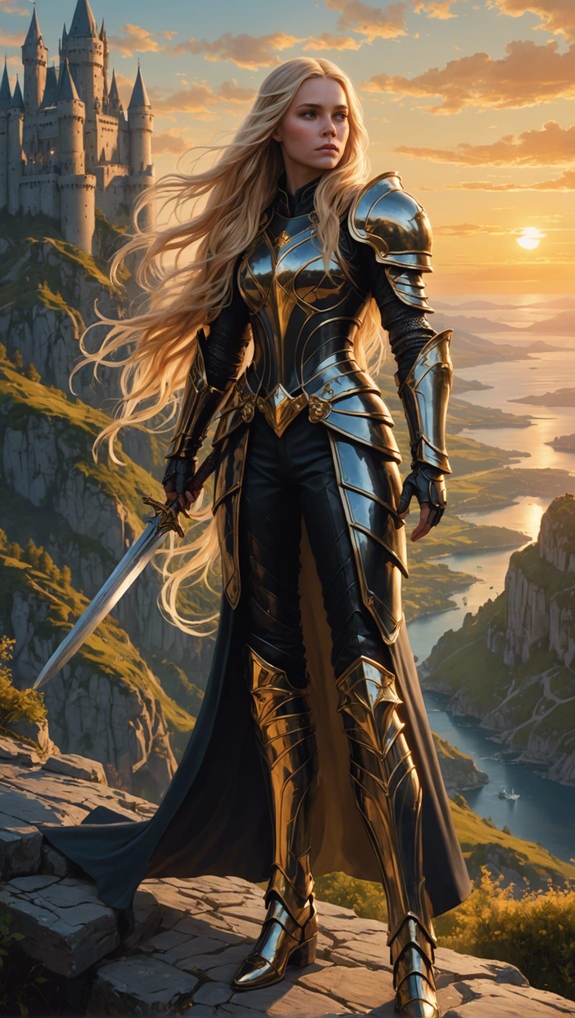 In a remote kingdom, a princess with long blonde hair wears gleaming black armor. She lives in a massive castle on a cli...