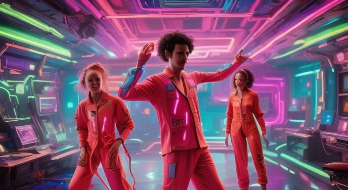 EPIC SCI FI PAJAMA PARTY, neon sci-fi colours, awesome portraits, pyjama, 8k resolution <lora:Epic Sci Fi SD1-5:0.7> <lora:Murraypunk SD15:0...