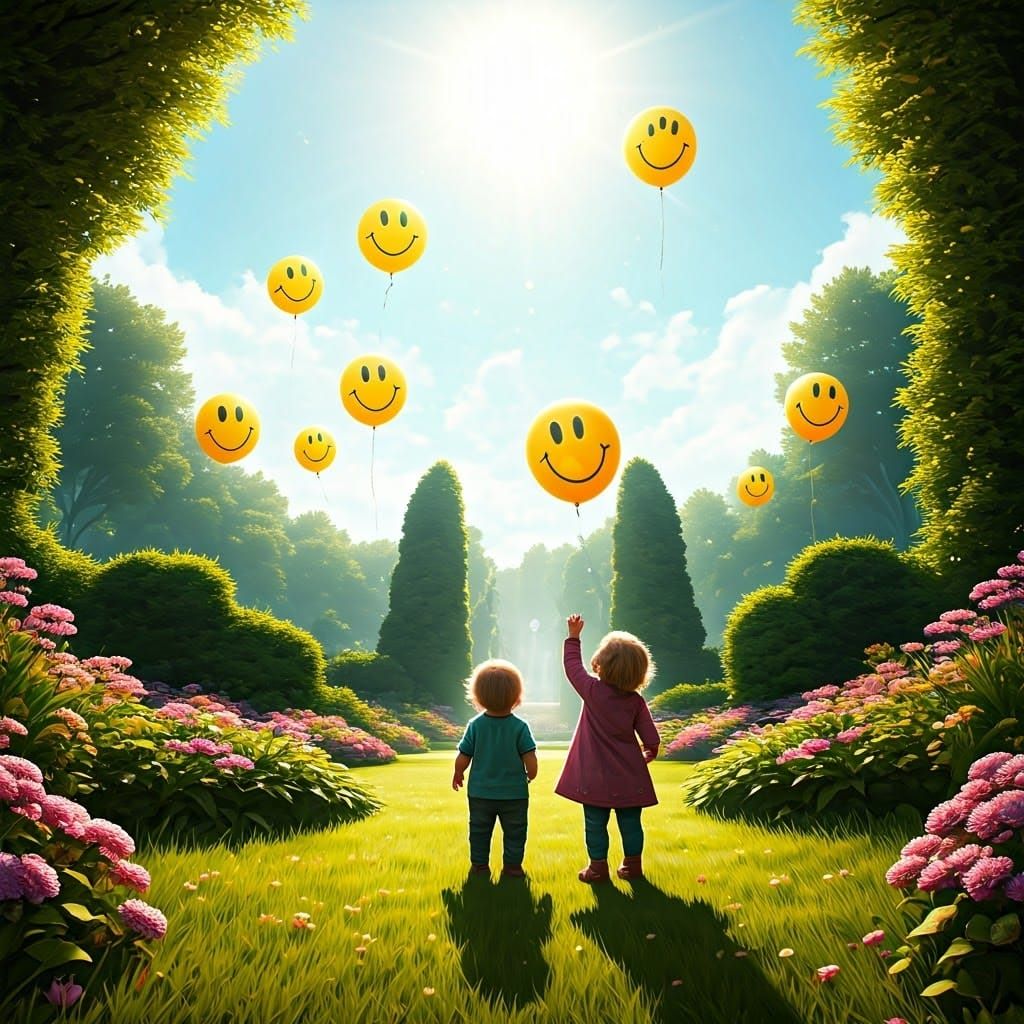 Happy Toddlers Play in Vibrant Garden with Sunny Skies and B...