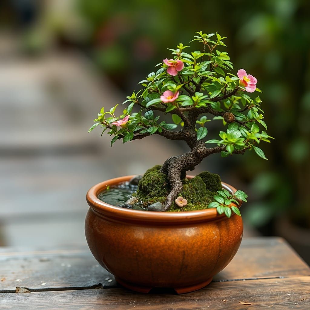 pemandangan pohon bonsai di kelilingi taman mini di dalam se...