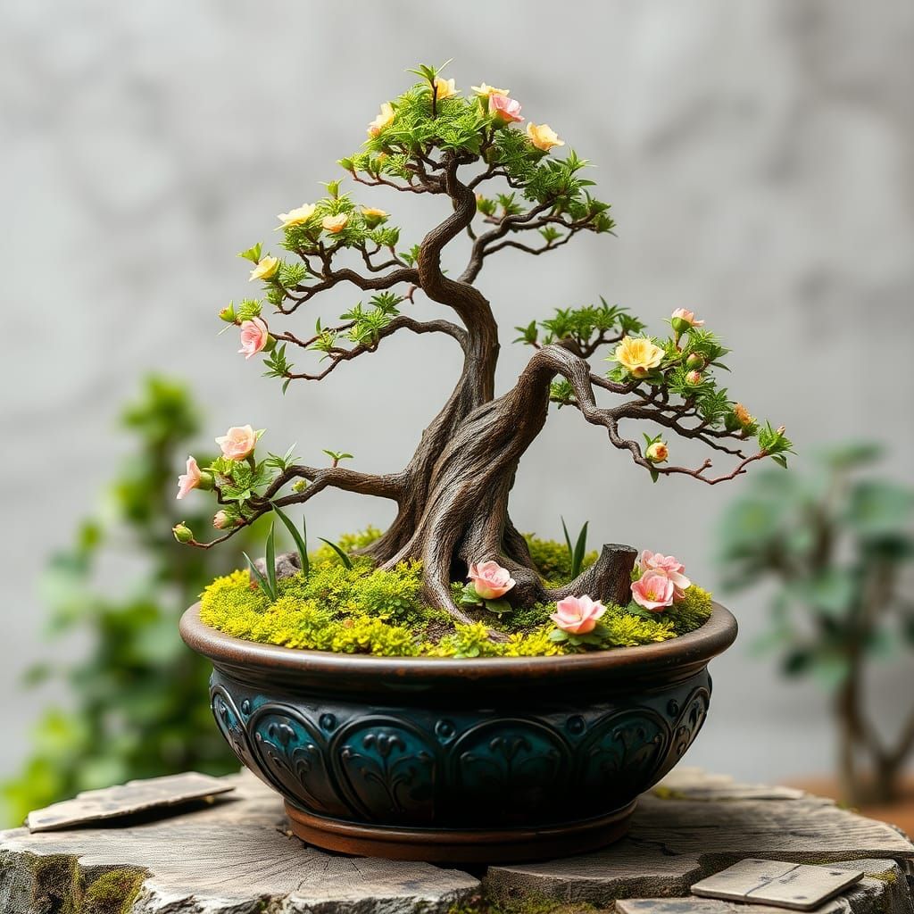 pemandangan pohon bonsai di kelilingi taman mini di dalam se...