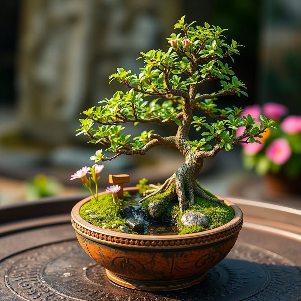 pemandangan pohon bonsai di kelilingi taman mini di dalam se...