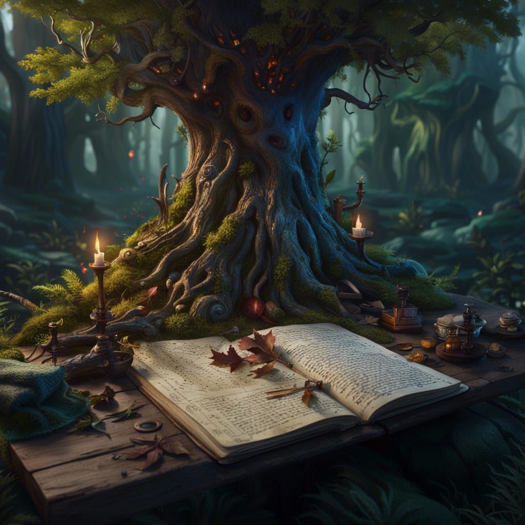 un manuscrit ouvert sur une table, les pages poussent une forêt enchanteresse detailed matte painting, ...  by @Math