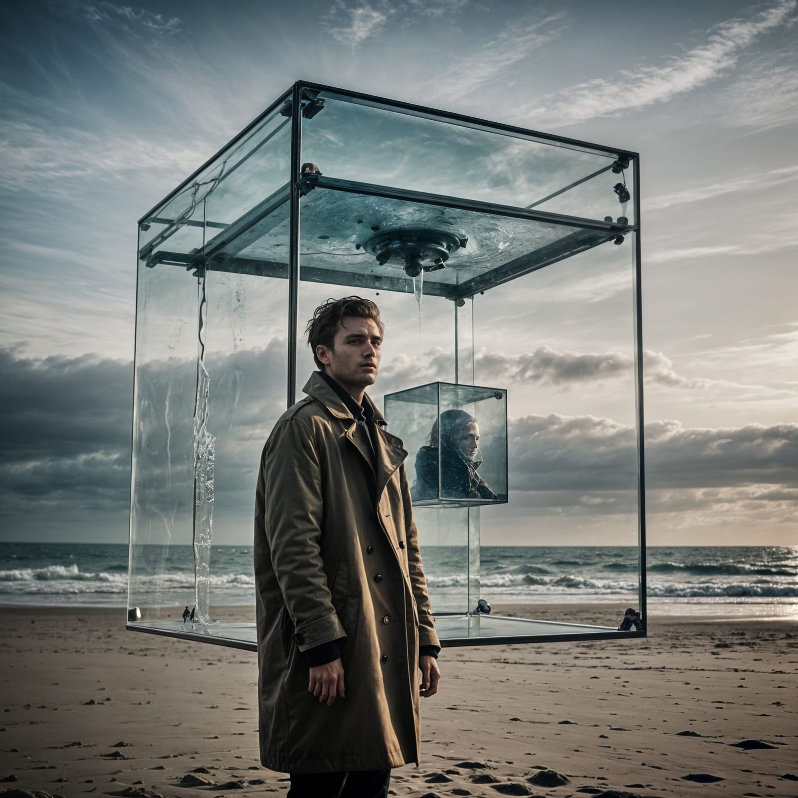 Man Beside Glass Cube with UFO, Photojournalistic Portrait