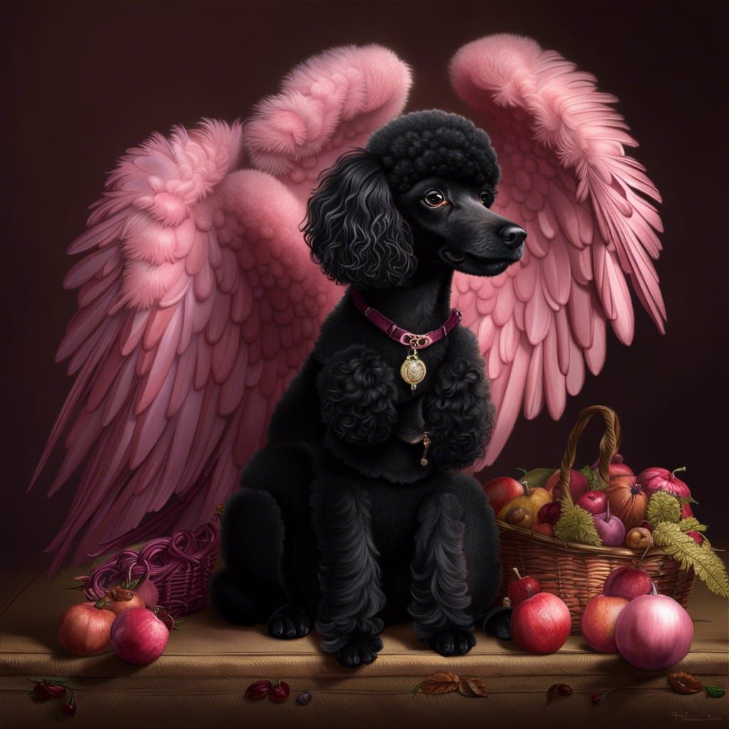 Black poodle with pink-tinged fur,  sitting one paw up. She ...