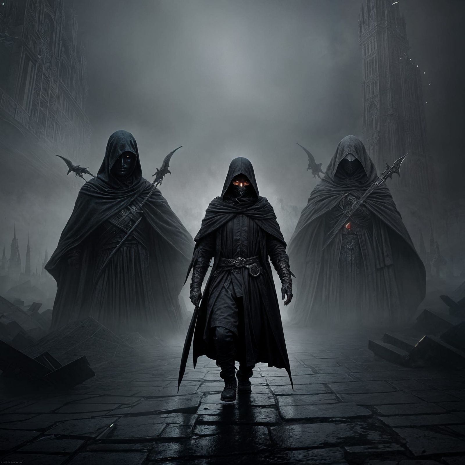 Mysterious Hooded Figure in Shadows: Dramatic Digital Painti...