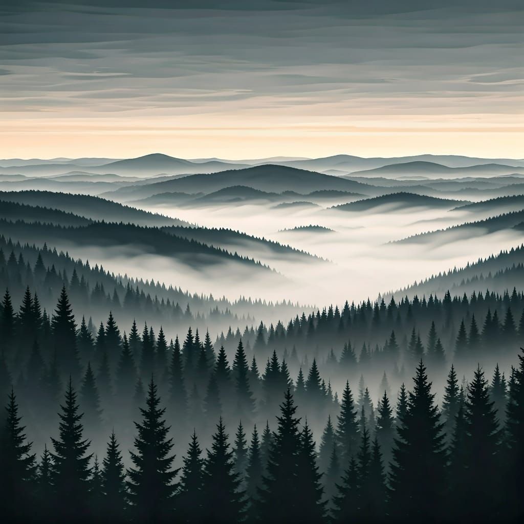 Atmospheric digital illustration of a misty landscape, with soft fog rolling over forests, mountains, ...  by @Fausto Santos