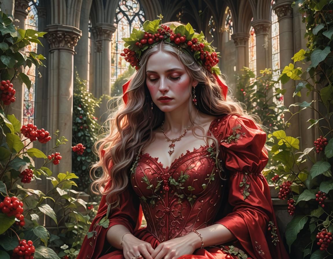 A stunning low angle view of a woman with a floral headpiece and a red dress amidst green foliage and berries. ; Radiant, breathtaking iride...