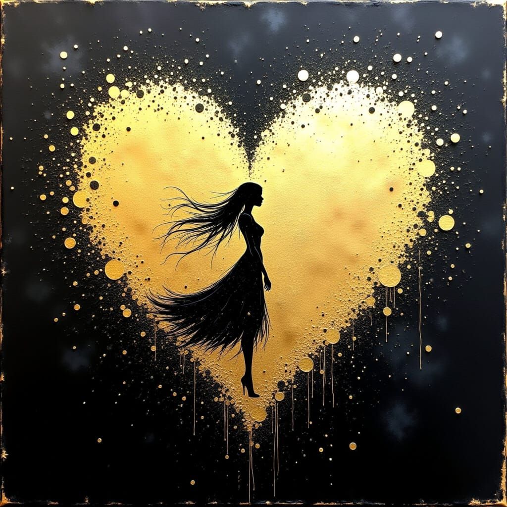 Square Heart Explosion in Gold, Ink and Watercolour